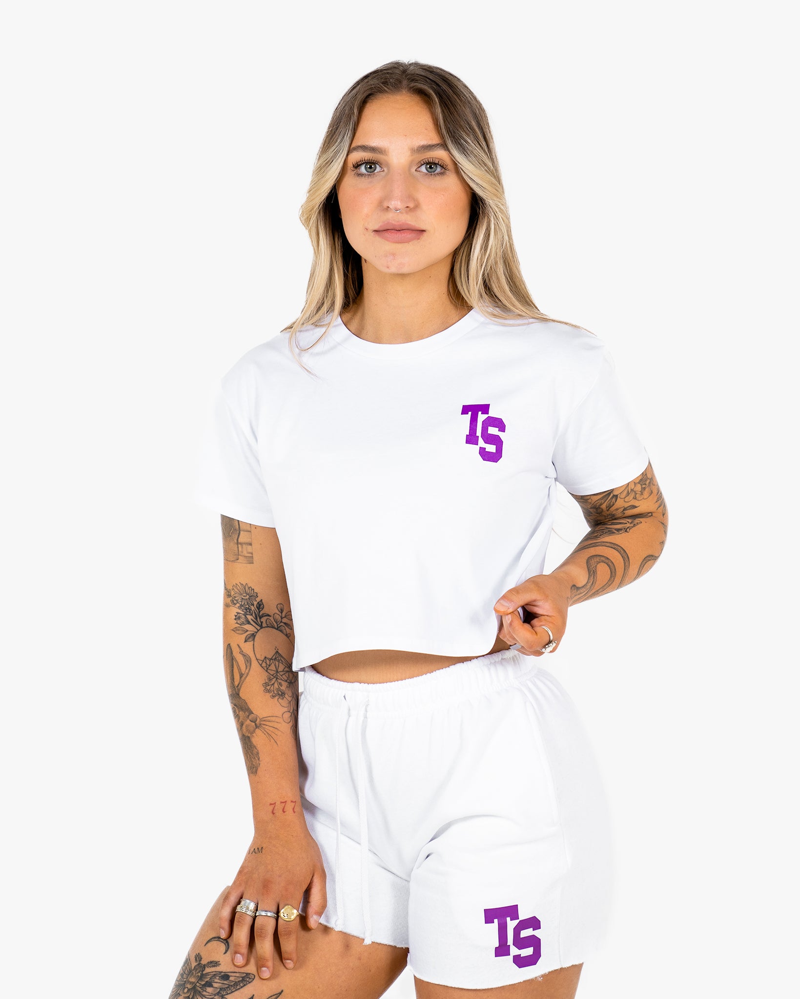 WKND Crop Tee - White w/ Purple
